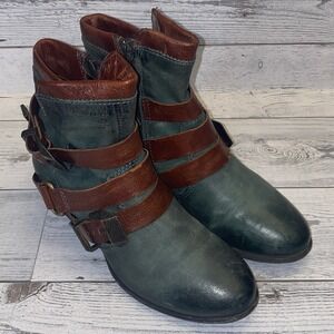 MJUS Boots Womens 37 Green Brown Strappy Festival Ankle Zip Block Heel Festival